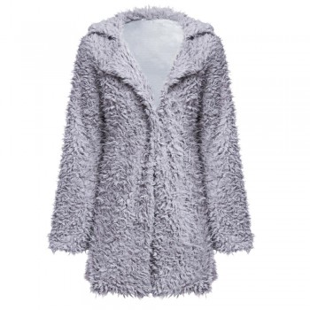 Winter Grey Wool Overcoat Warm Outerwear Women Pink Faux Fur Coat Turn Down Collar Long Sleeve Cardigan